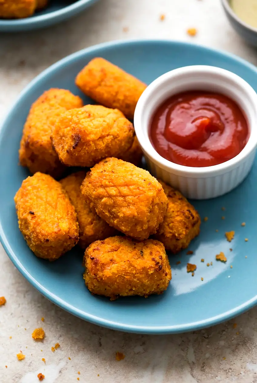 Crispy Air Fryer Sweet Potato Tots on a blue plate with a small ramekin of ketchup, golden-brown with lightly crisp panko edges.
