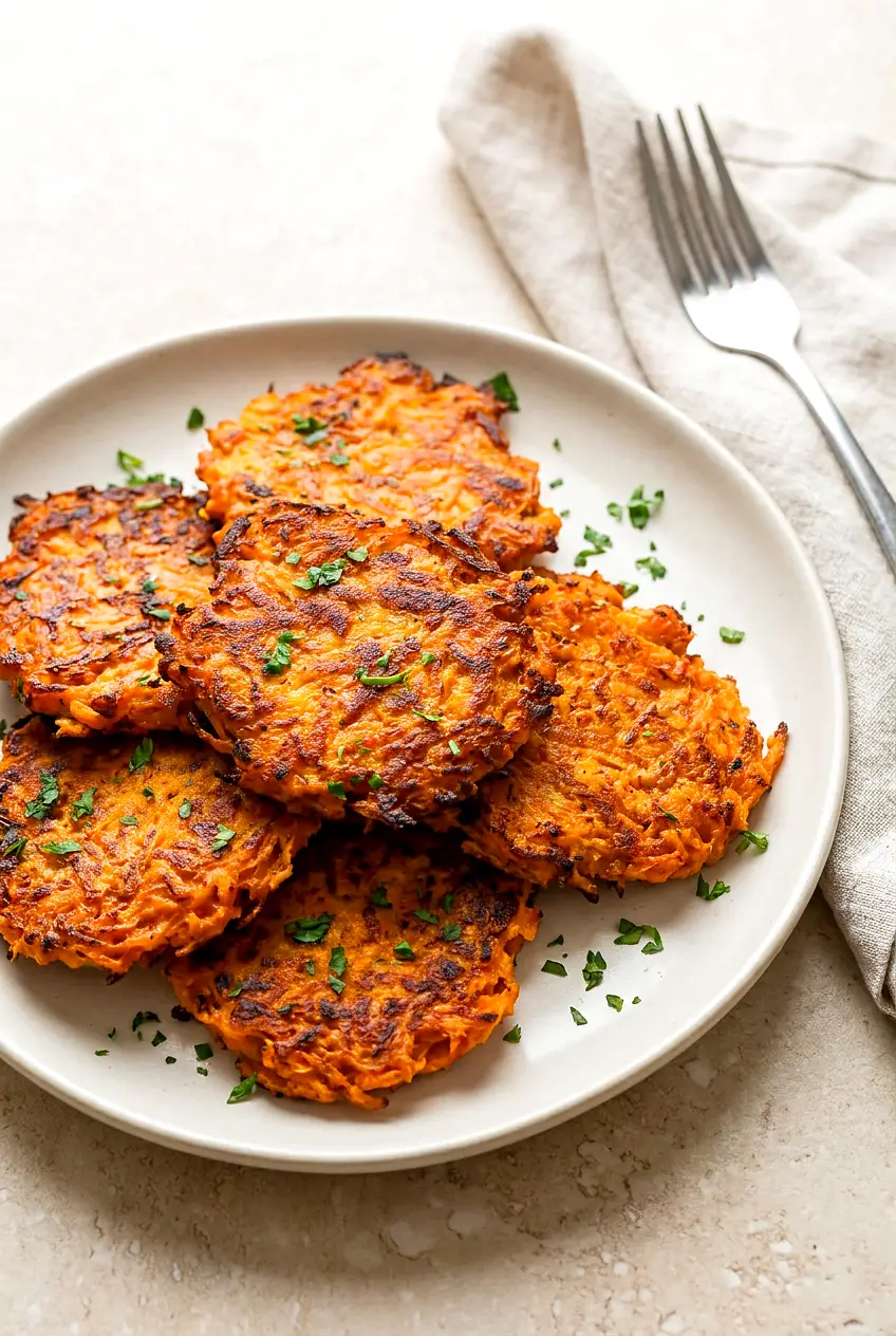 Crispy air fryer sweet potato hash browns on a neutral plate, golden-brown with lacy edges and chopped parsley on top.