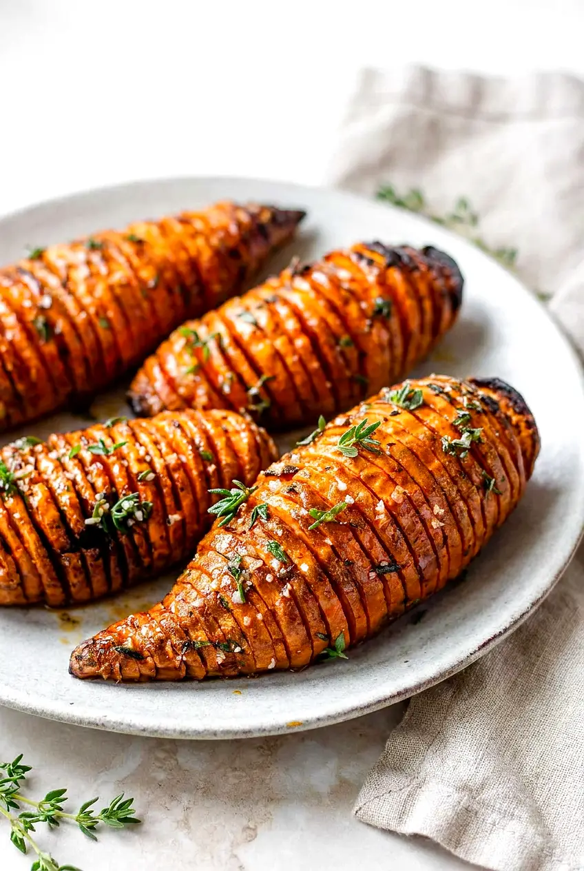 Air Fryer Hasselback Sweet Potatoes on a plate, fanned slices with caramelized tips and maple‑thyme glaze, finished with fresh thyme.