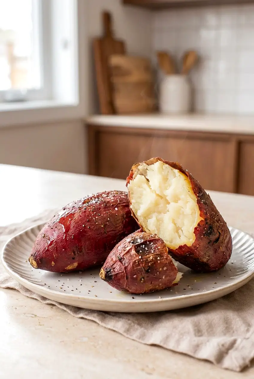Air fryer Japanese sweet potato split open on a plate, fluffy center, lightly blistered crisp skin with salt and pepper.