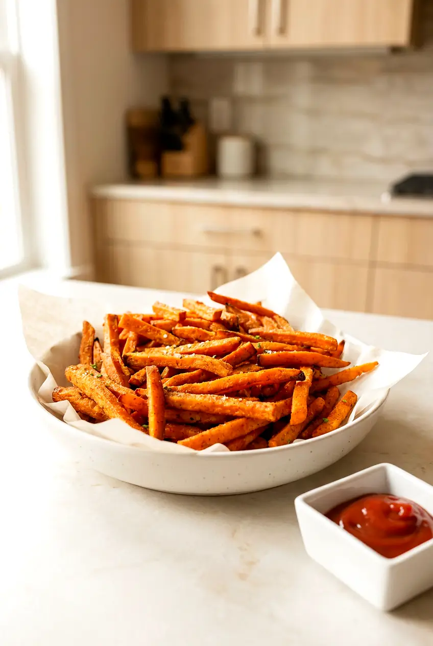 Air fryer frozen sweet potato fries on a white plate, crisp browned edges, lightly seasoned, with a small ramekin of ketchup.