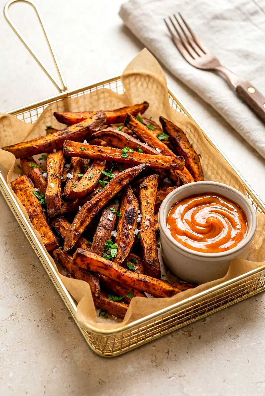 Air fryer sweet potato fries on a parchment-lined tray with chili-BBQ mayo, browned with crisp edges and flaky salt.
