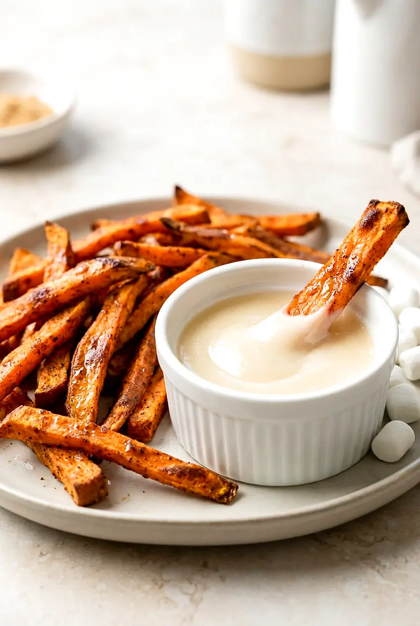 Air fryer sweet potato fries with browned edges on a plate beside warm marshmallow dip; one fry dipped in the sauce.