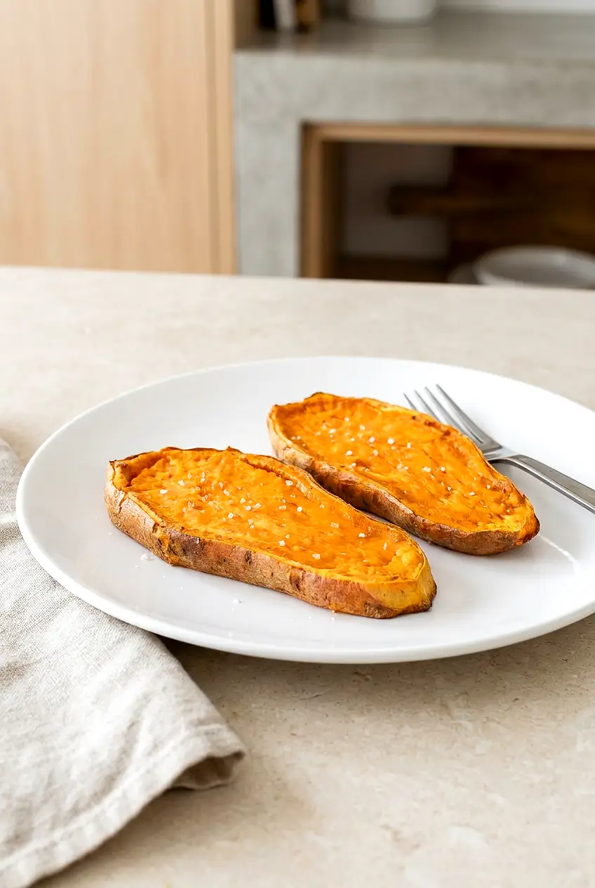 Two slices of Air Fryer Sweet Potato Toast on a white plate, skin-on planks with fork-tender centers and lightly browned, dry edges.