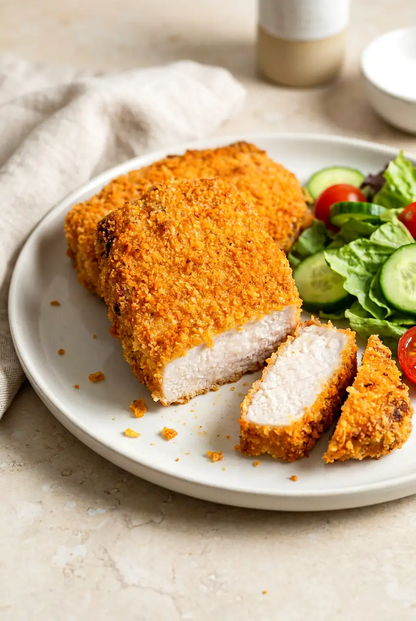 Crispy air fryer pork chops with golden panko-cornflake-Parmesan crust on a white plate, one sliced to show a juicy interior.