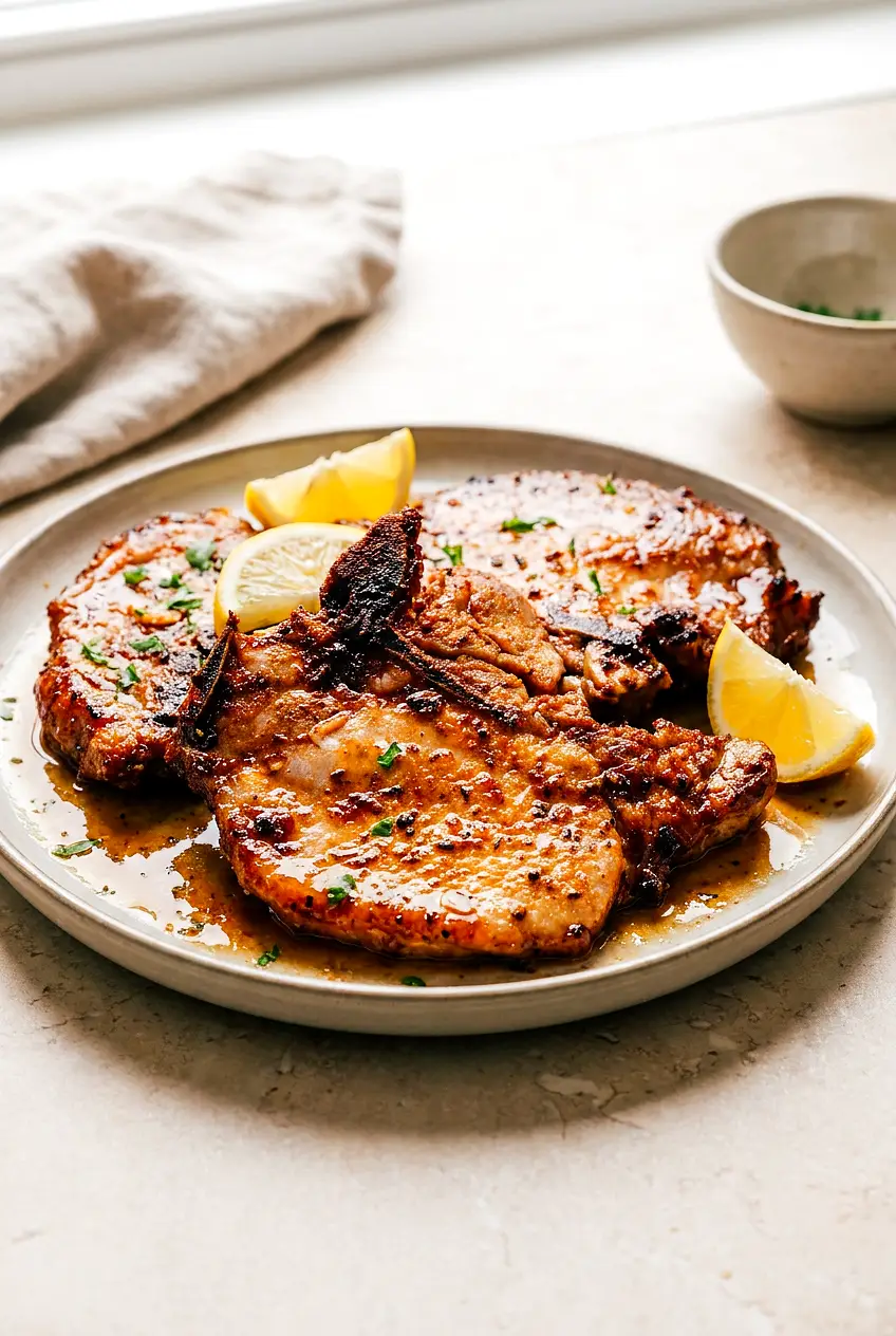 Juicy air fryer pork chops on a white plate with lemon wedges, browned rub, light char, and a sprinkle of chopped parsley.