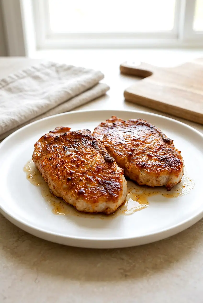 Air fryer boneless pork chops on a white plate with golden, lightly crisp edges and paprika-garlic rub.