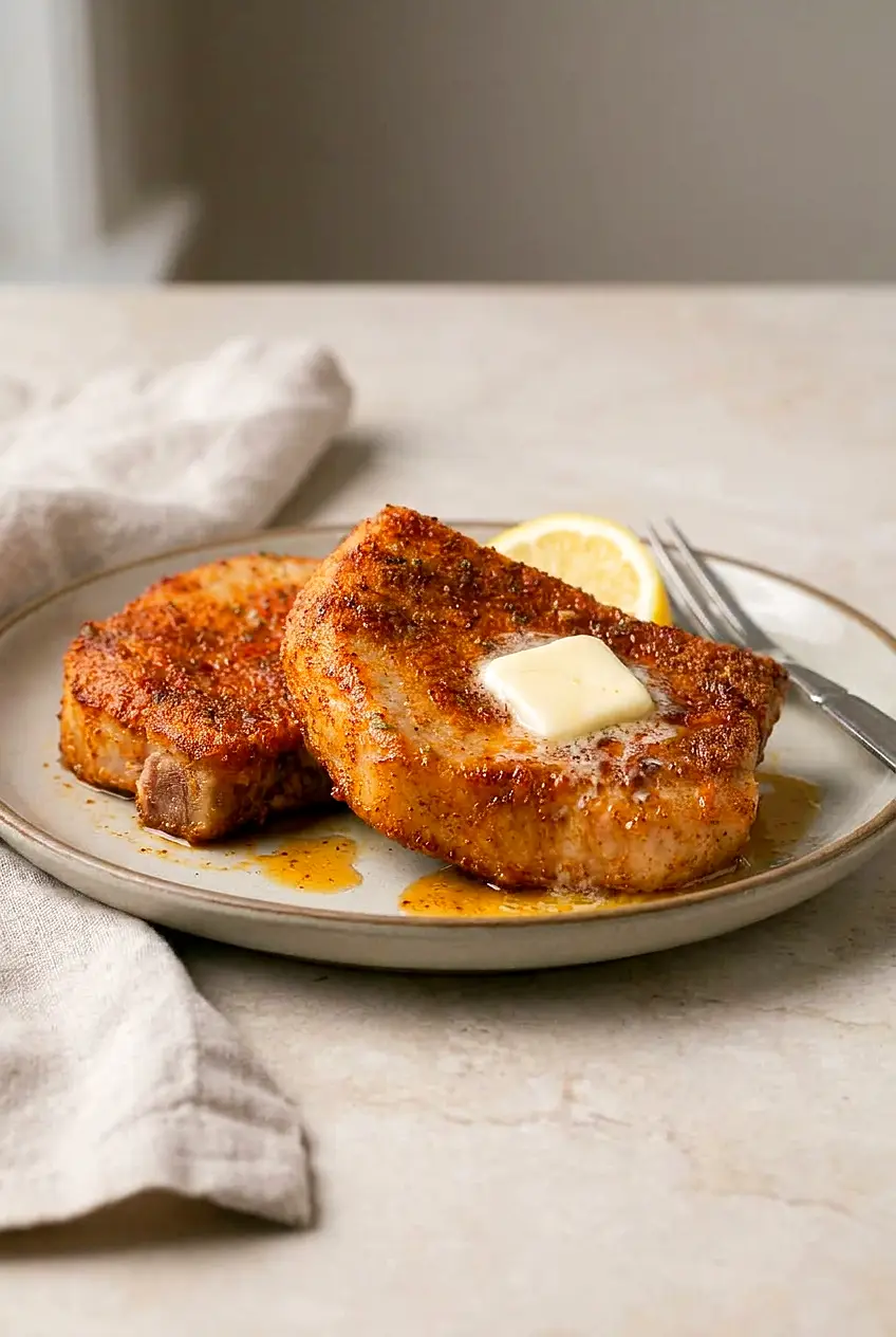 Plated air fryer pork chops with no breading, golden-browned with lightly crisp edges, served with a lemon wedge and resting juices.