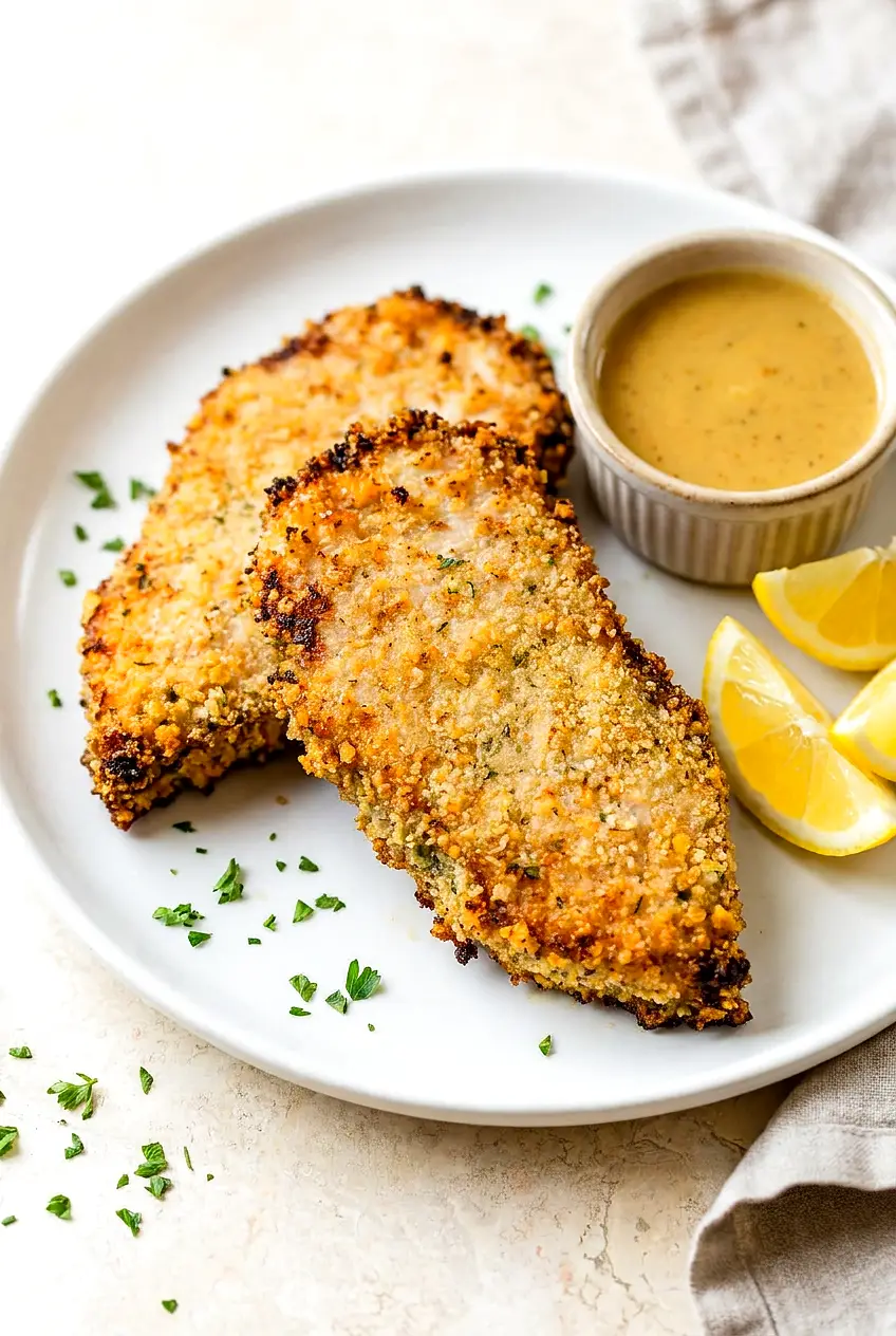 Air Fryer honey mustard pork chops on a white plate with golden panko crust and a light parsley sprinkle.
