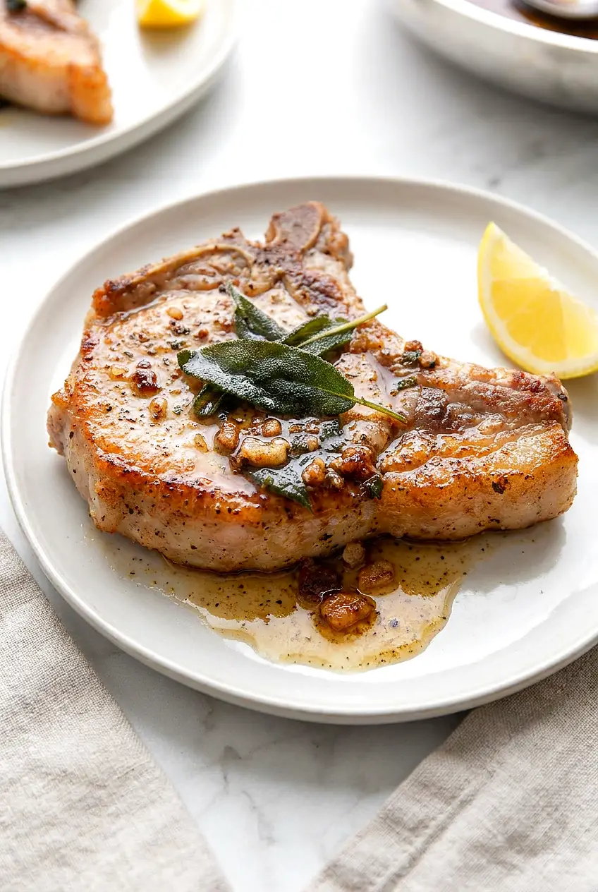 Air fryer low-carb pork chops with golden sear, topped with sage brown butter and crisp sage leaves on a ceramic plate.