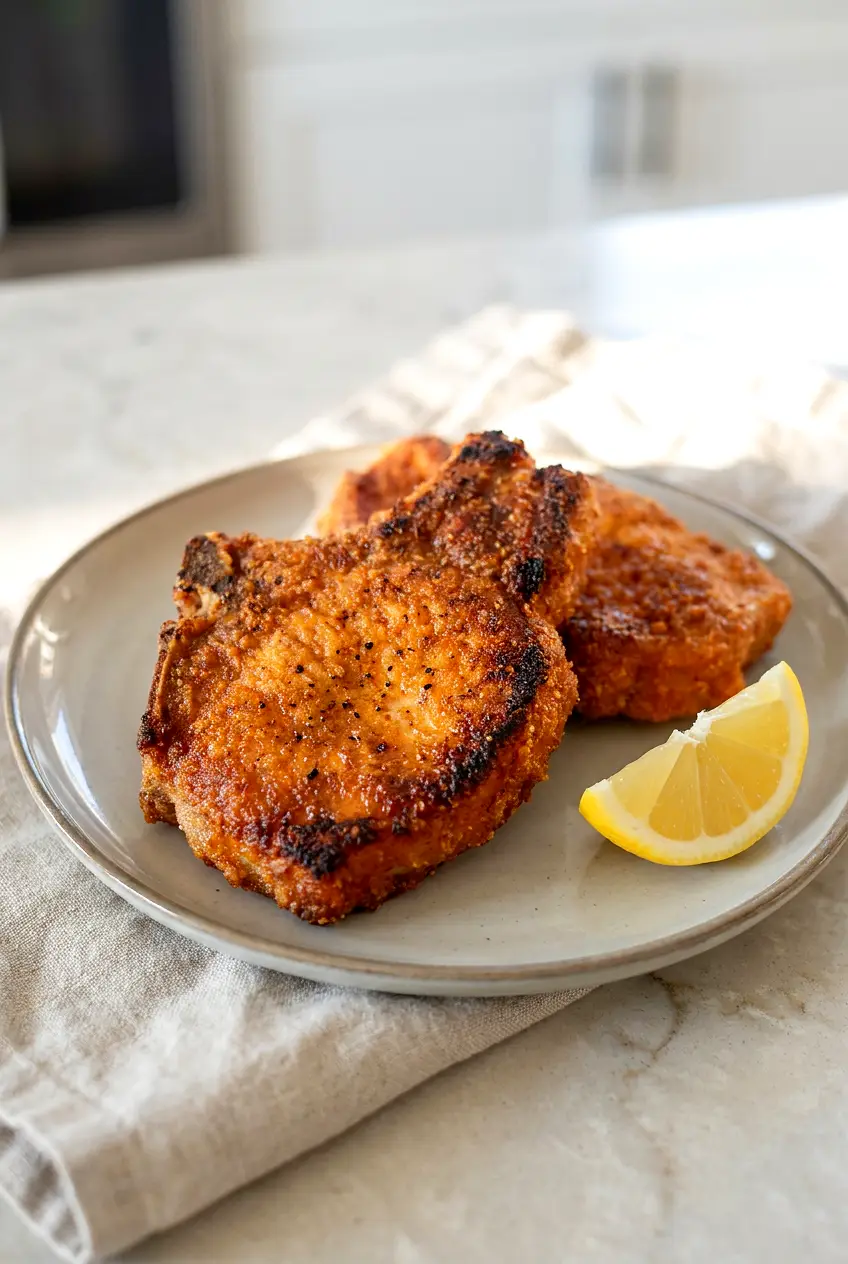 Two bone-in keto air fryer pork chops with golden pork-rind crust on a light ceramic plate, lemon wedge on the side.