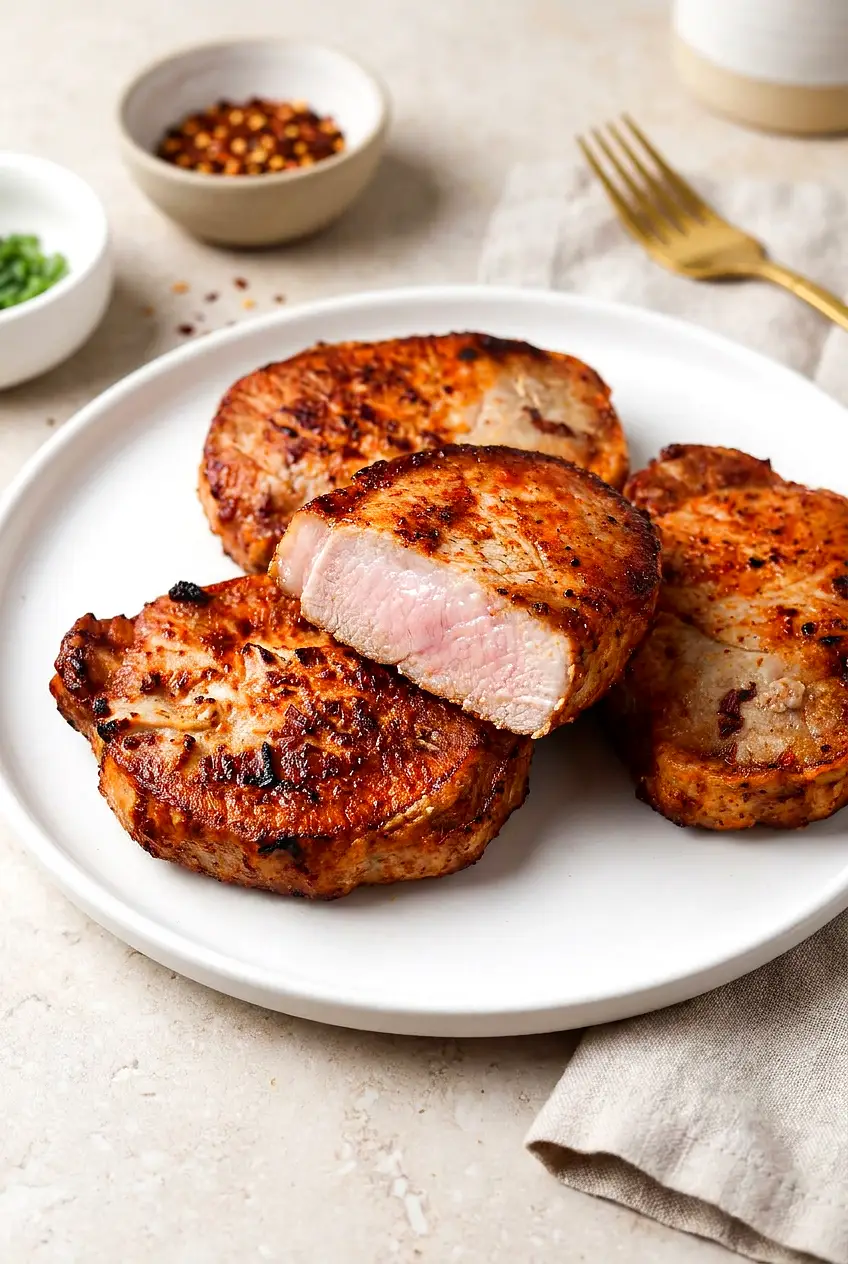 Air fryer frozen pork chops on a white plate, lightly browned with paprika rub, juicy 1-inch boneless chops.
