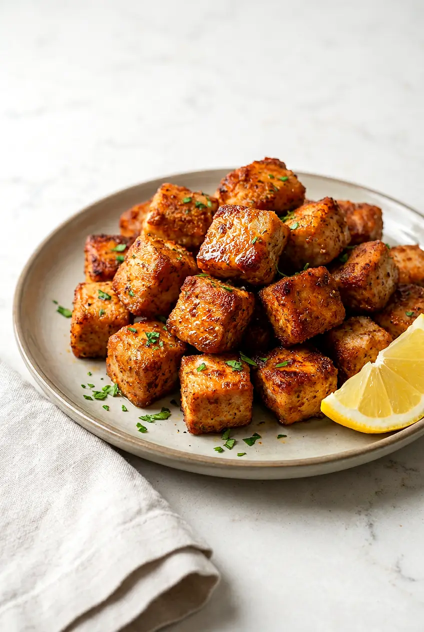 Crispy air fryer pork chop bites piled on a plate with browned edges and a sprinkle of parsley.