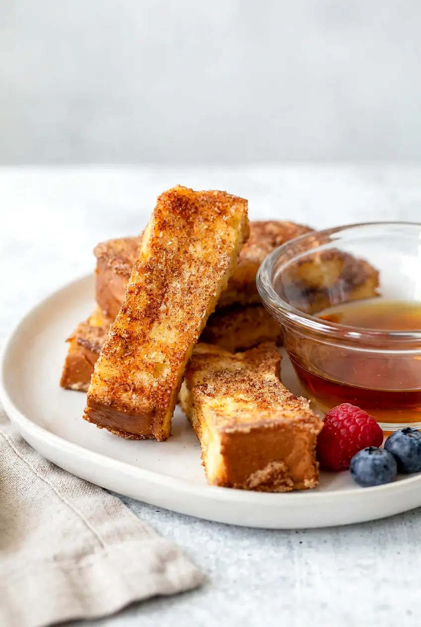 Air fryer cinnamon sugar French toast sticks on a plate, crisp golden edges, cinnamon-sugar coating, served with maple syrup.