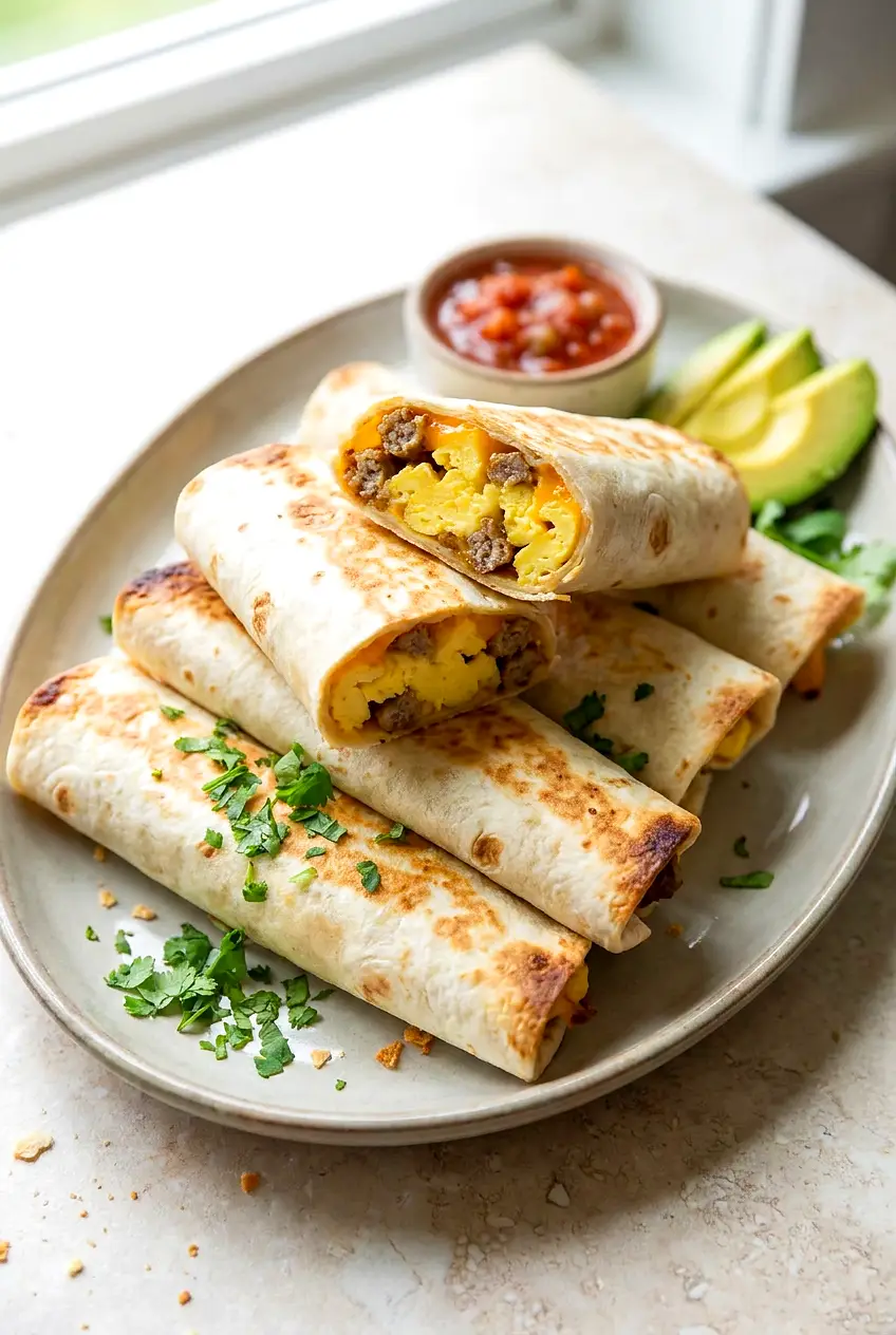 Air fryer breakfast taquitos on a plate, golden and crisp, served with salsa and avocado; egg, sausage, and melted cheese inside.