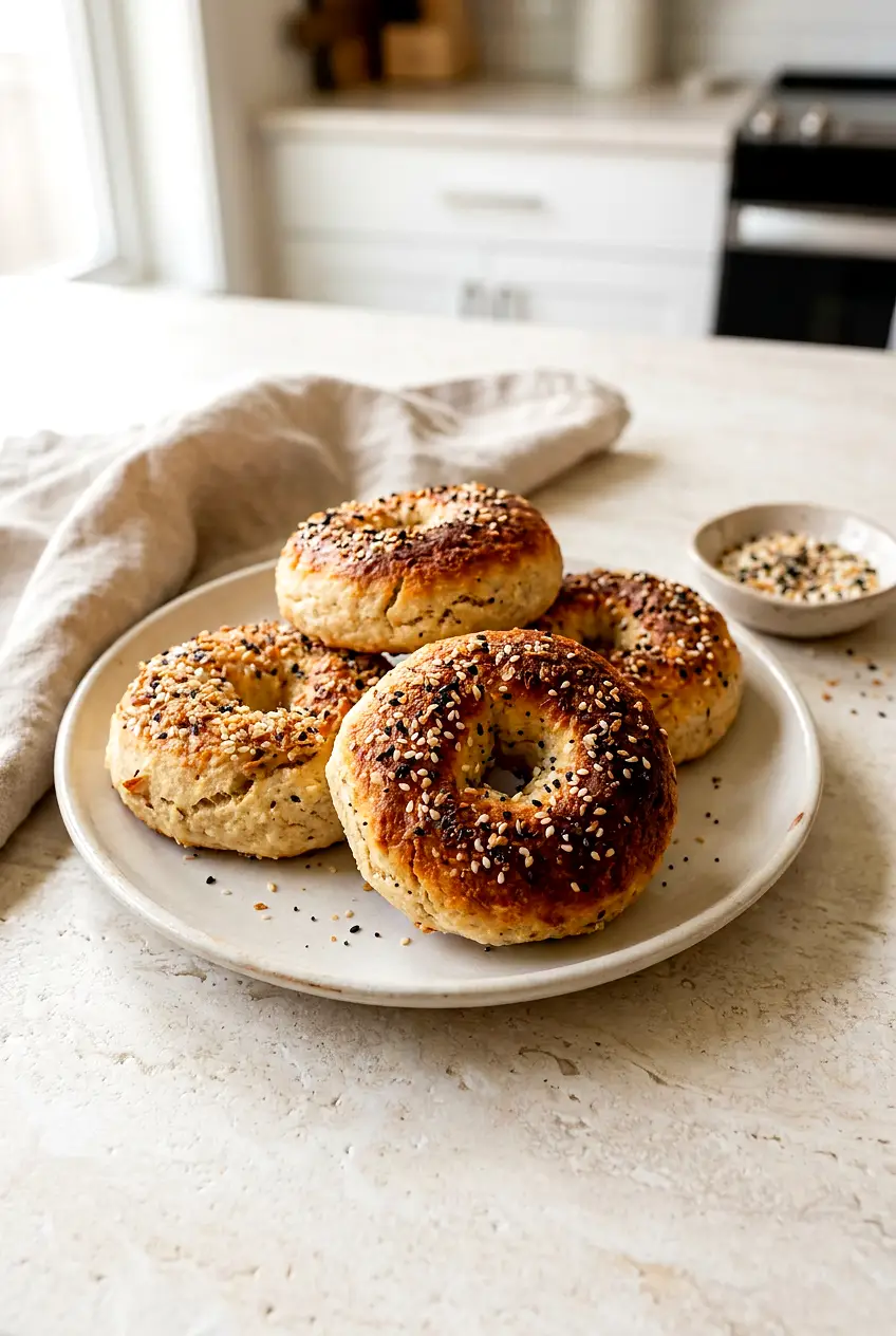 Plate of air fryer cottage cheese protein bagels with deep golden tops, some with everything seasoning, on a neutral ceramic plate.
