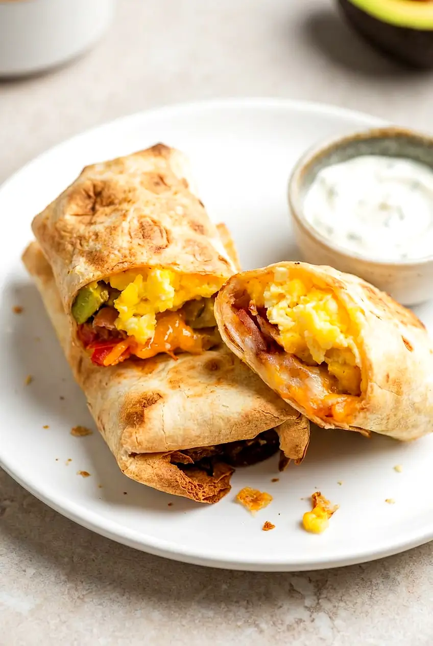 Halved Air Fryer breakfast burritos on a plate, golden blistered tortillas with soft eggs, bacon, melted cheese, and a basil‑lemon dip.