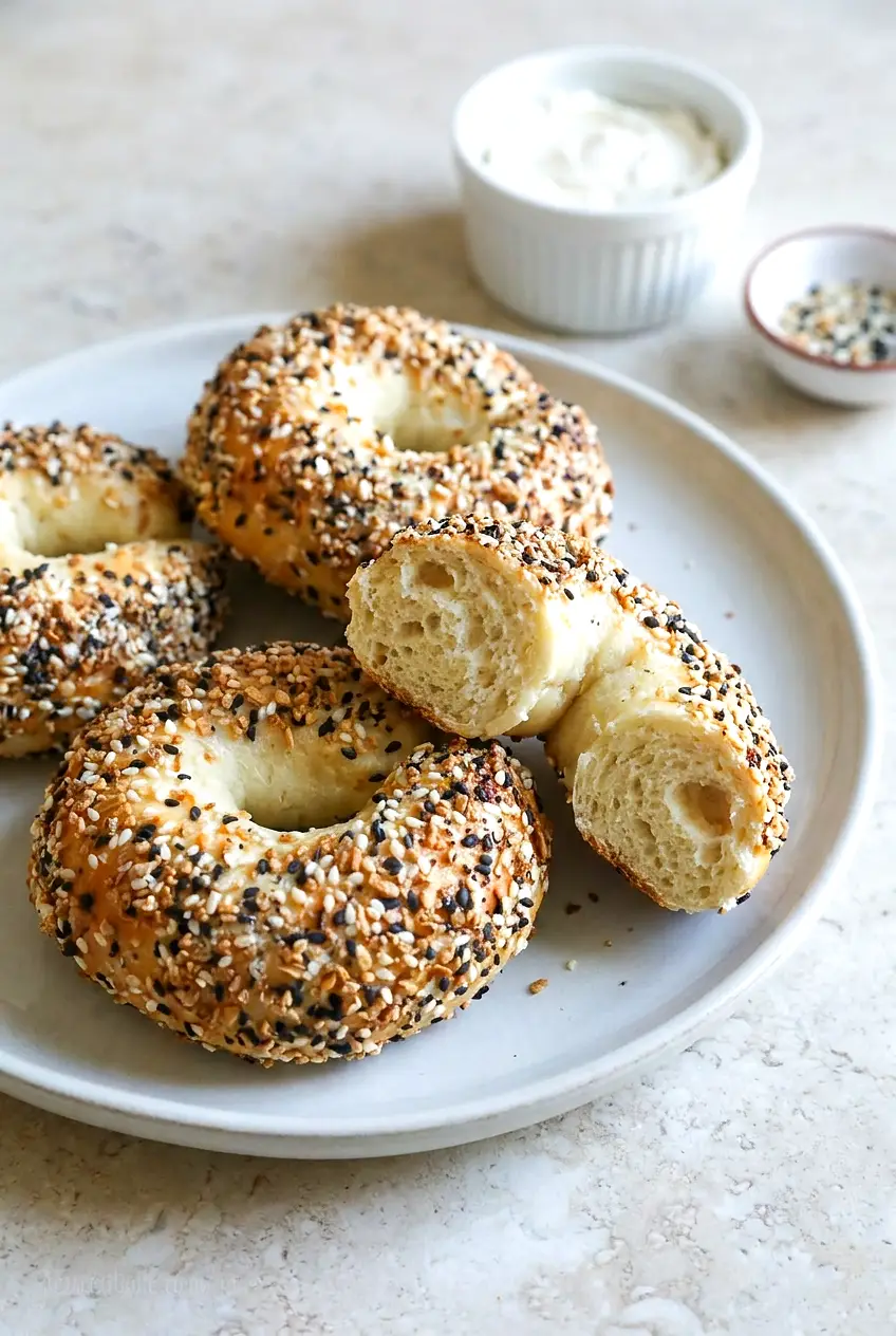 Air Fryer Greek Yogurt Bagels on a ceramic plate, golden-browned tops with everything seasoning.