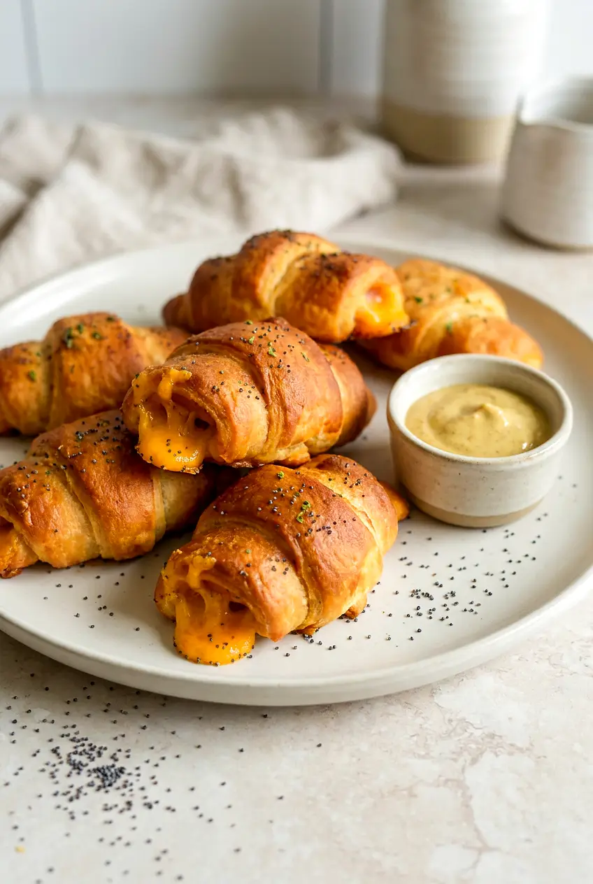 Air Fryer ham and cheese croissants on a plate, deep golden with poppyseed-butter tops, served with Dijon.