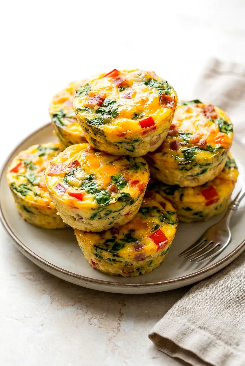 Plated air fryer egg bite cups with bacon, peppers, spinach, and melted cheddar, tender centers and lightly golden tops.