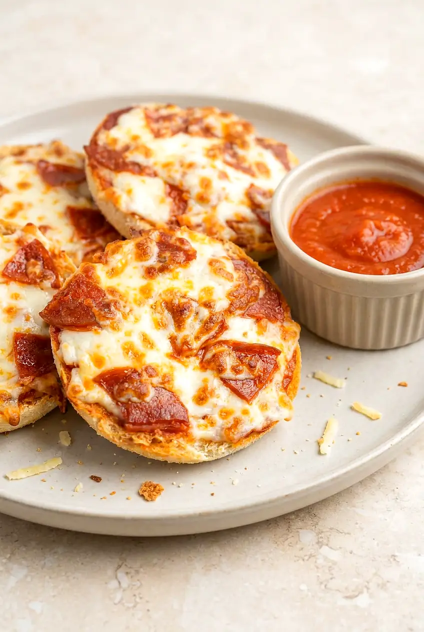 Air Fryer English Muffin Pizzas with golden mozzarella and cupped pepperoni on a plate; crisp muffin edges.