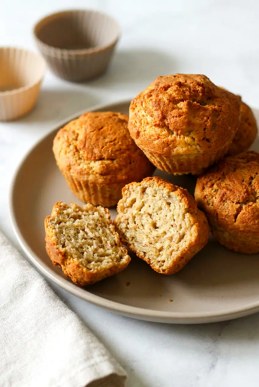 Air Fryer Banana Muffins on a ceramic plate, domed golden-brown tops, one muffin split to show moist crumb and light cinnamon flecks.