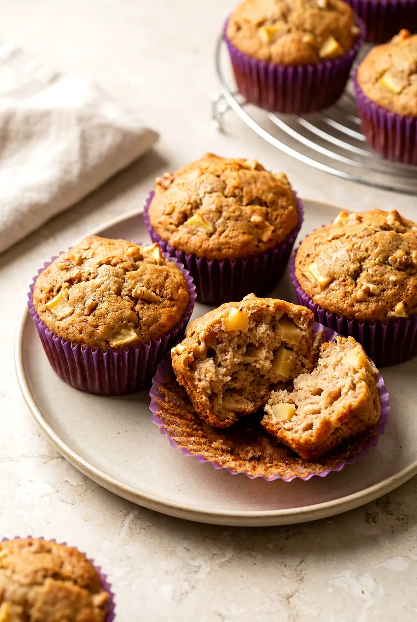 Air Fryer Apple Cinnamon Muffins on a ceramic plate, domed and lightly golden with visible apple bits and walnut pieces.