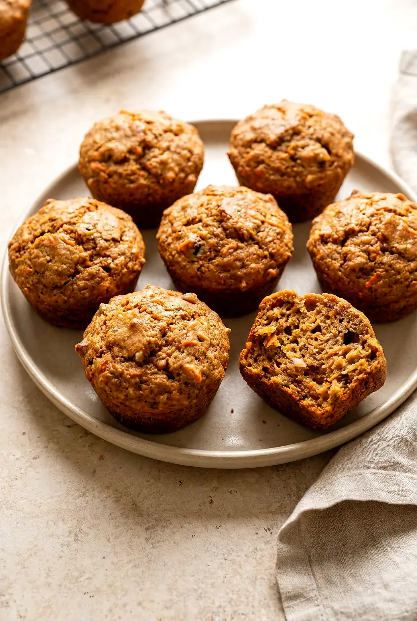 Air Fryer Carrot Muffins with domed, lightly browned tops on a plate, unfrosted, with visible carrot flecks.