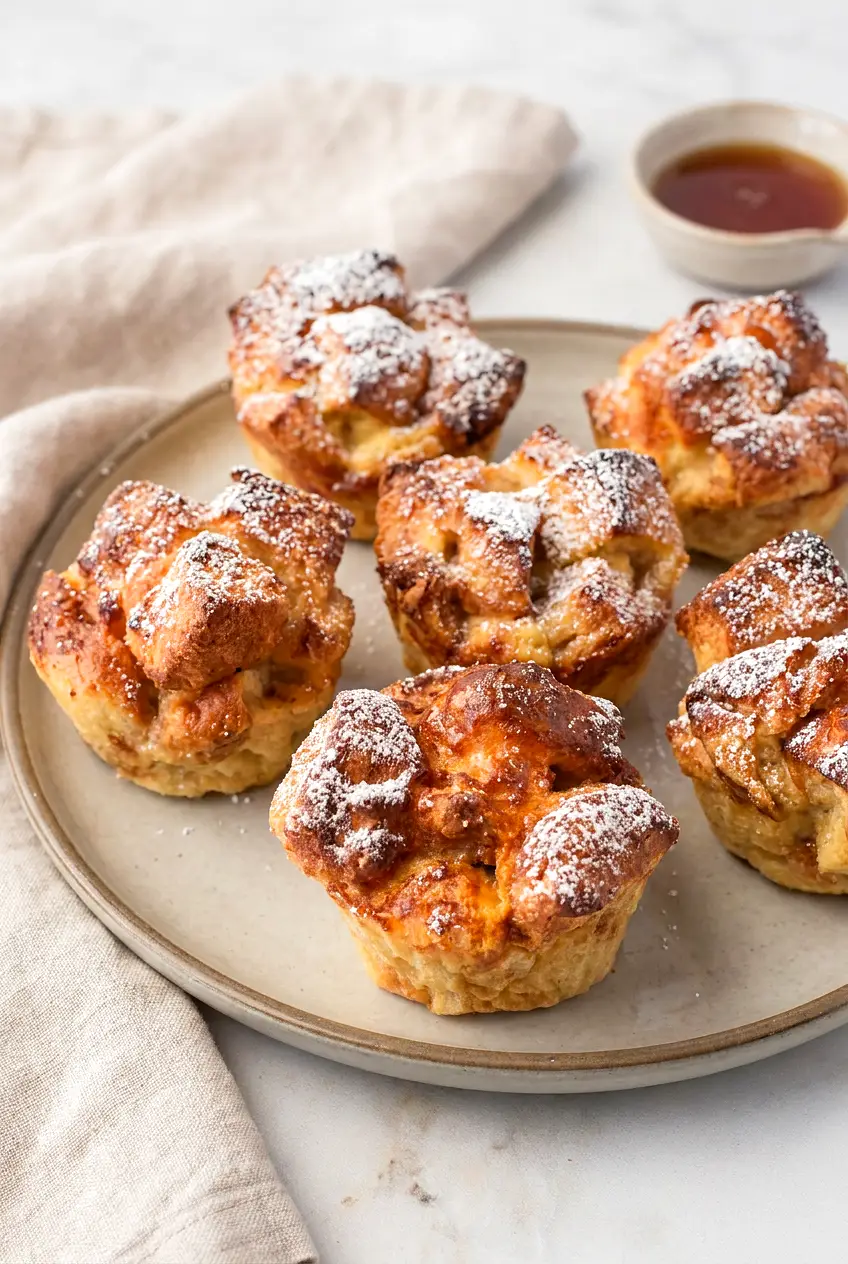 Air fryer French toast muffins on a ceramic plate, dusted with powdered sugar, golden edges and soft custardy centers visible.