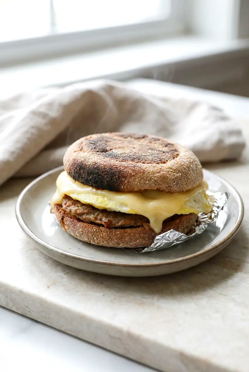 Air Fryer breakfast sandwich on a golden English muffin with sausage, tender egg round, and melted American cheese on a plate.