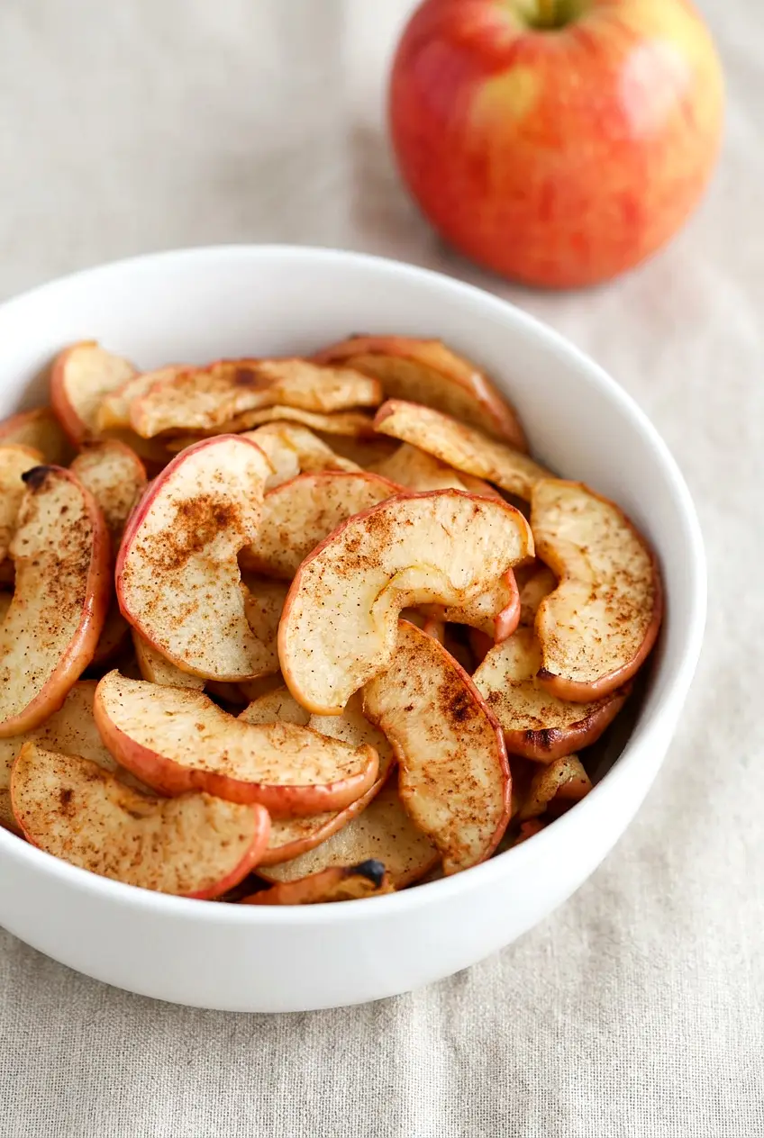 Air fryer apple slices in a white serving bowl with cinnamon and an apple in the background.