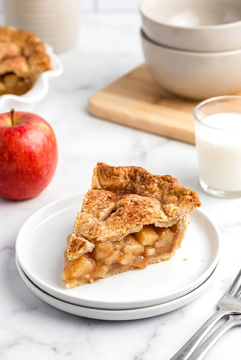 Air fryer apple pie slice on a white plate with a red apple, milk, and forks