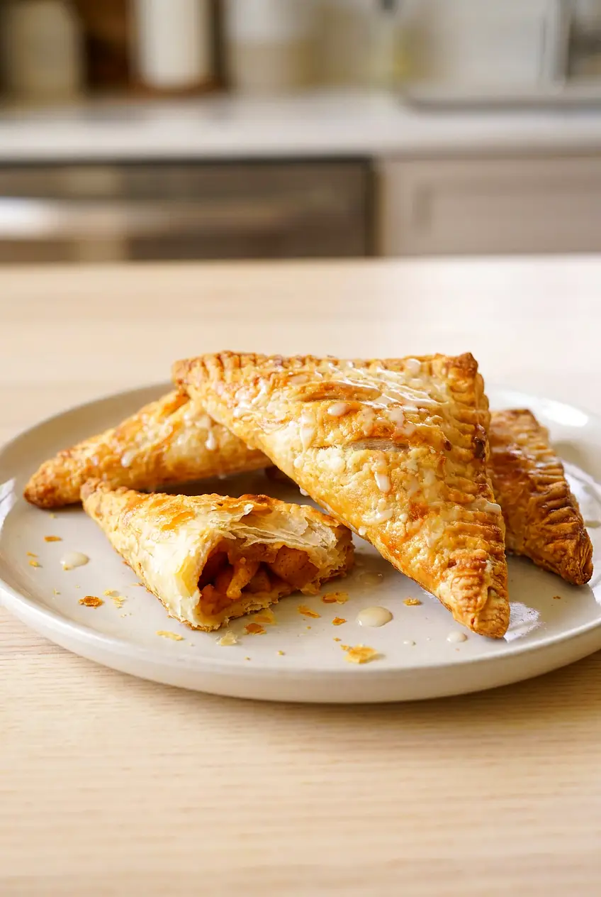 Air fryer apple turnovers on a plate with golden flaky pastry and vanilla glaze