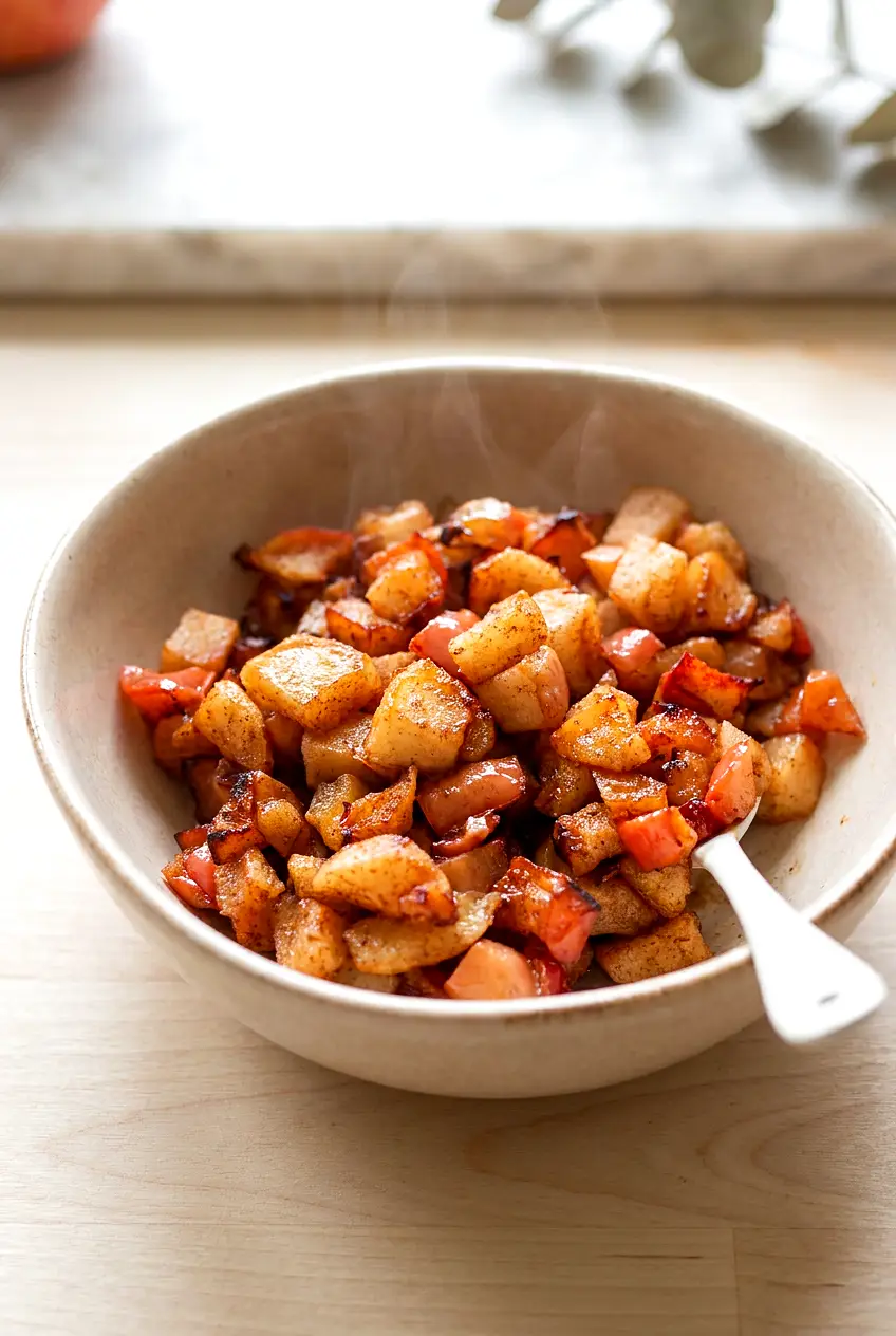 Air fryer apples served warm in a bowl with cinnamon and lightly browned edges