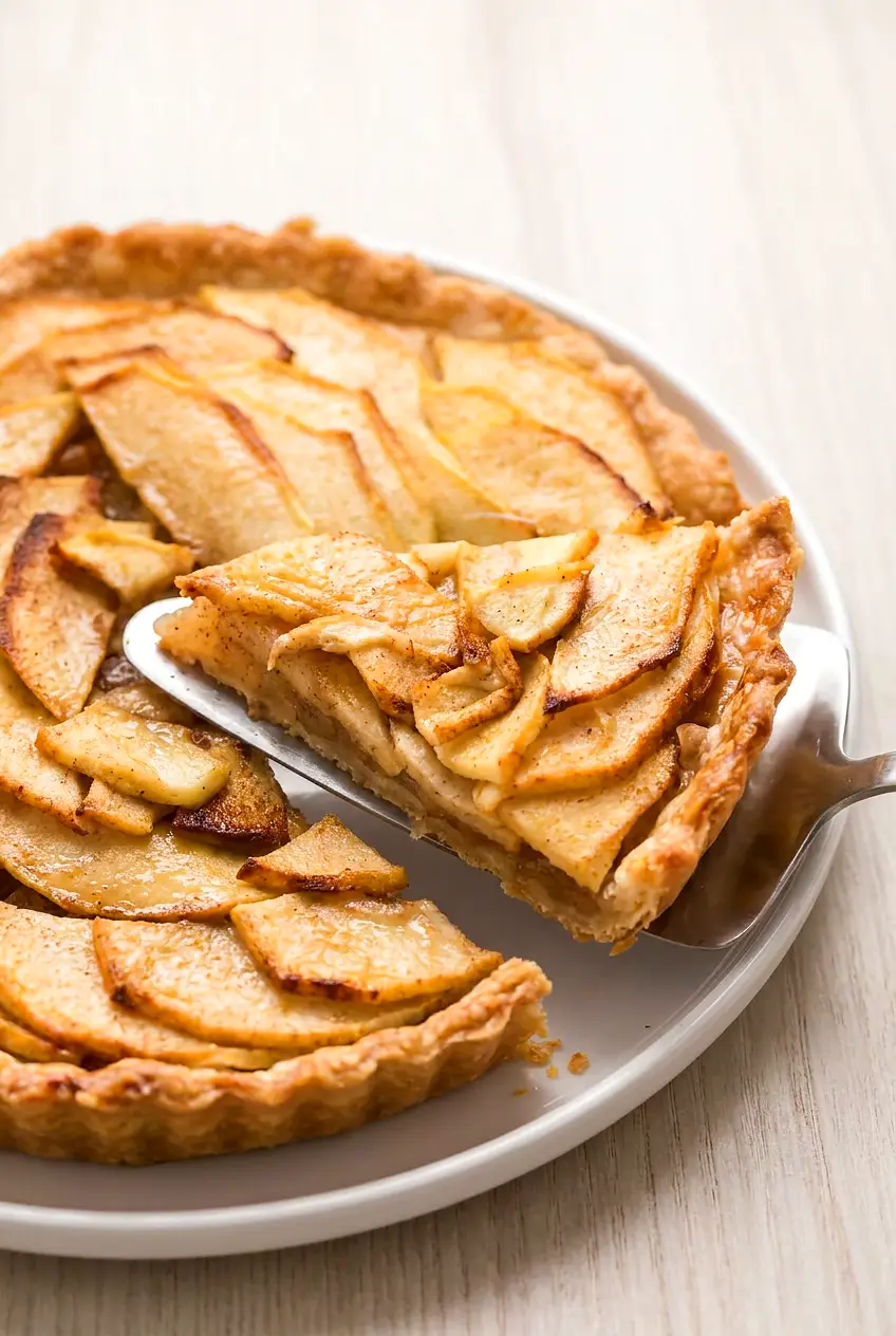 Air fryer apple tart on a plate with a slice cut out, showing tender apple filling and golden crust.