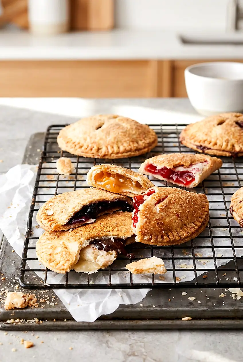 Air fryer hand pies on a cooling rack, golden and flaky with visible fruit filling