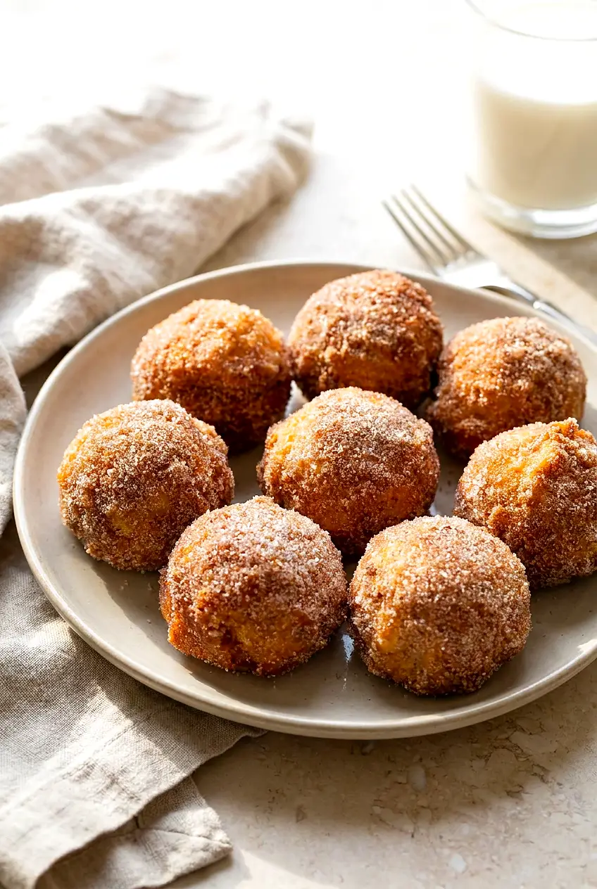 Air Fryer Apple Pie Bombs on a plate with a cinnamon-sugar coating and golden crisp edges