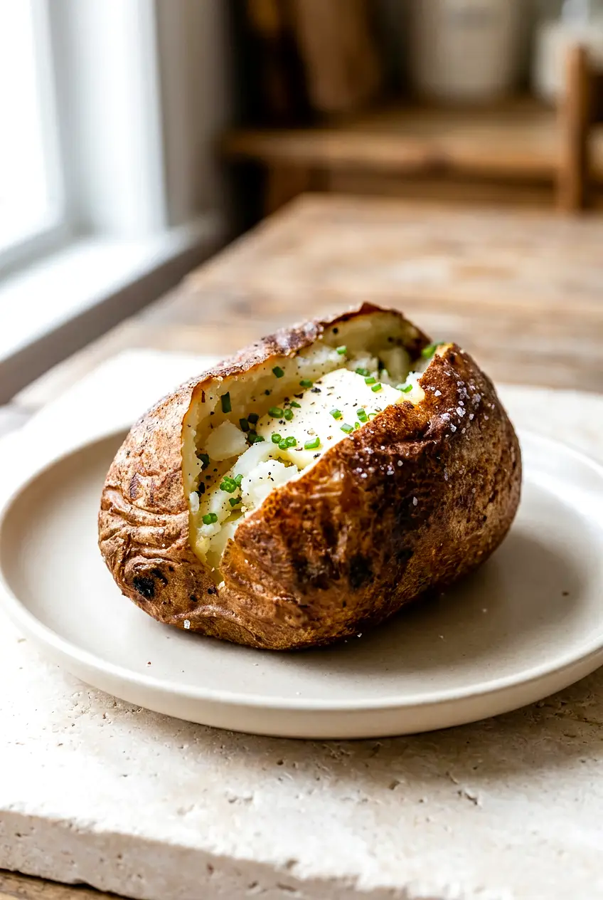 Air fryer baked potato on a plate with crisp salted skin and fluffy split-open center