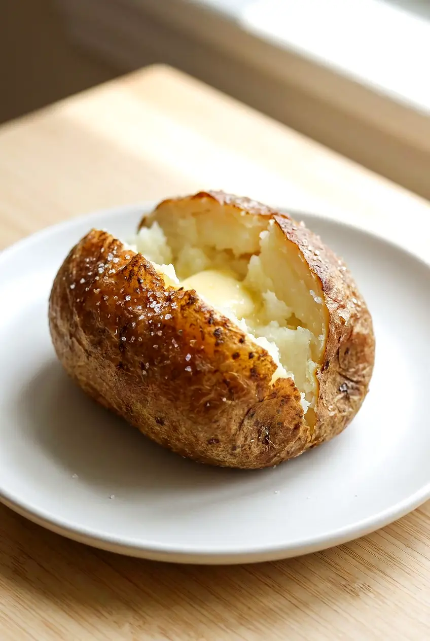 Air fryer jacket potato served split open with butter and crisp salted skin