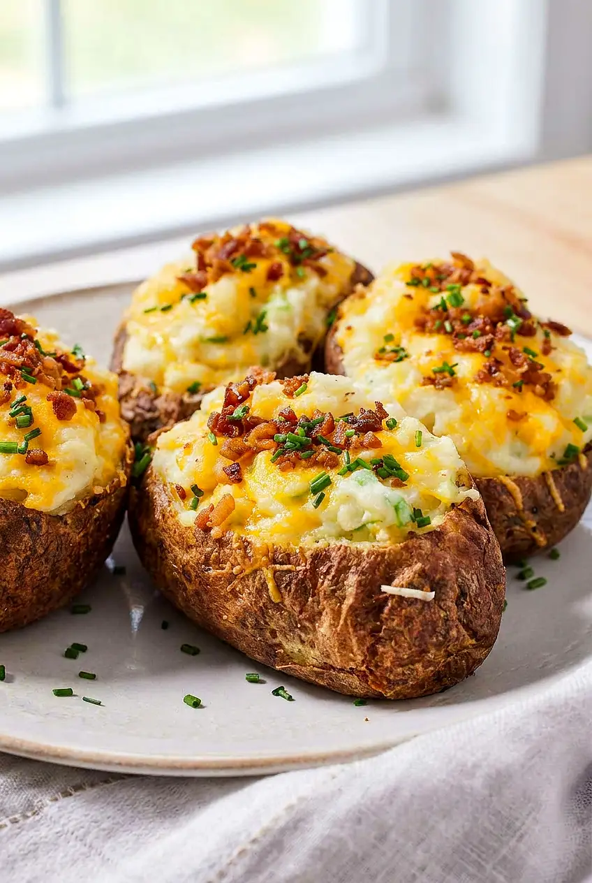 Air fryer twice baked potatoes served on a plate with melted cheddar, bacon, and chives