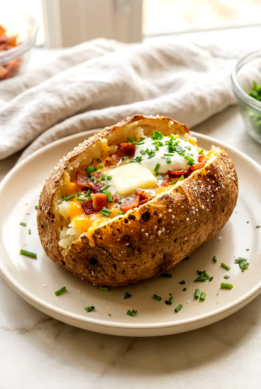 Air Fryer loaded baked potato topped with melted cheddar, bacon, sour cream, and chives on a plate