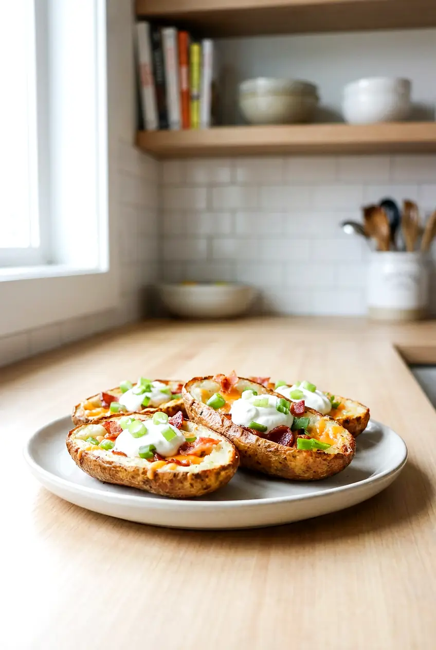 Plated air fryer potato skins topped with melted cheese, bacon, sour cream, and green onions