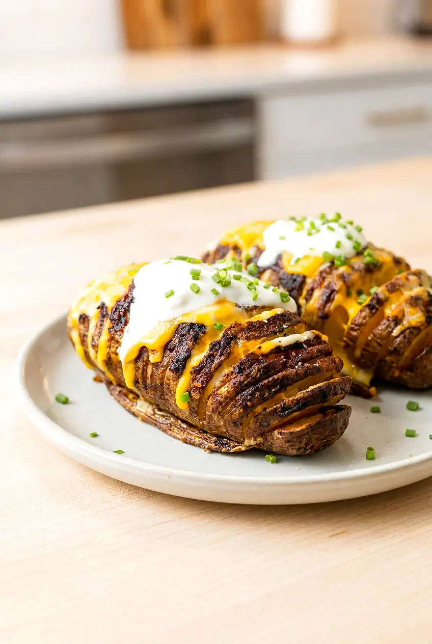 Cheesy air fryer hasselback potatoes plated with sour cream and chives