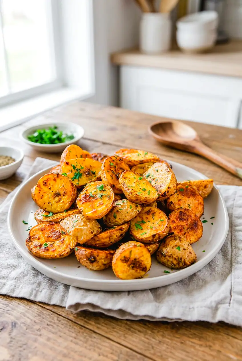 Air fryer baby potatoes piled on a serving plate with golden crisp edges and chopped parsley