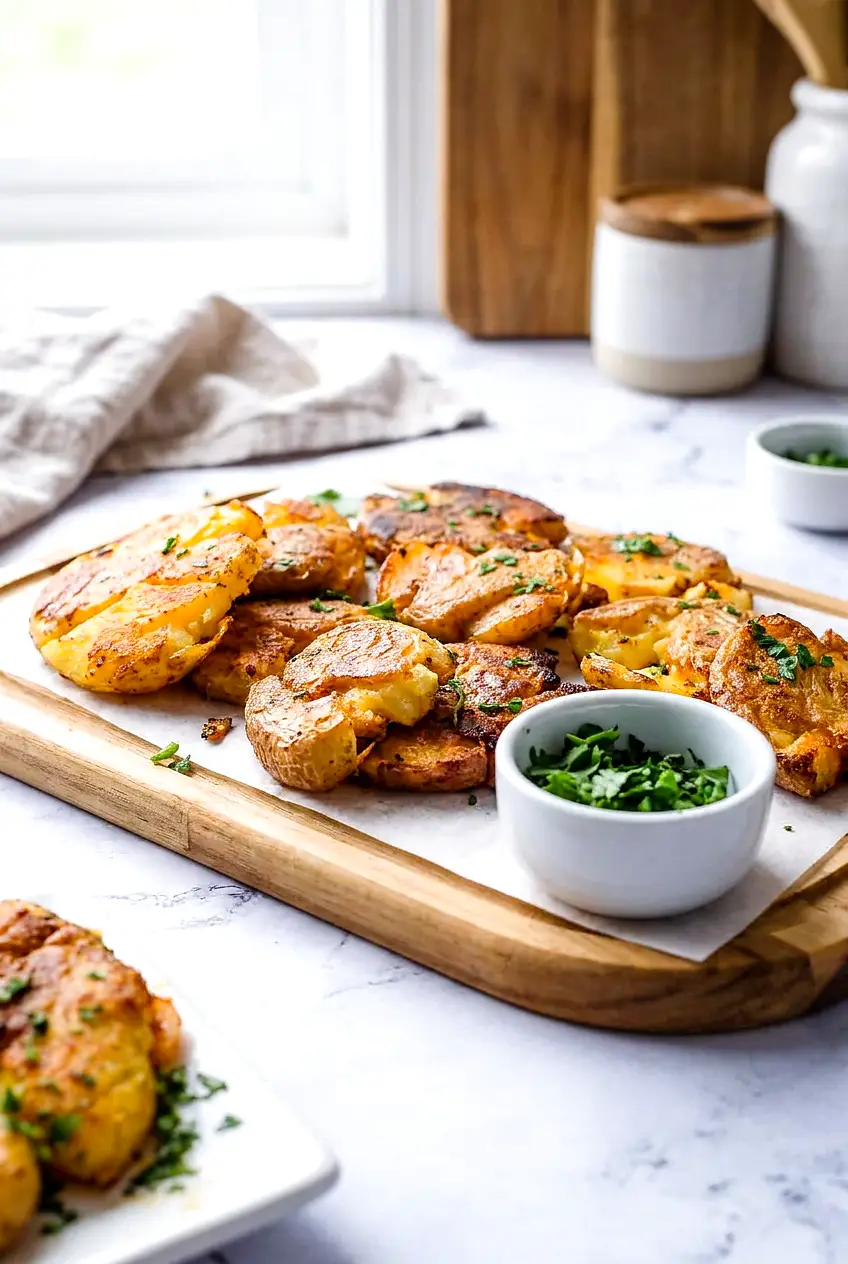 Air fryer smashed potatoes on a wooden platter with a pinch bowl of parsley