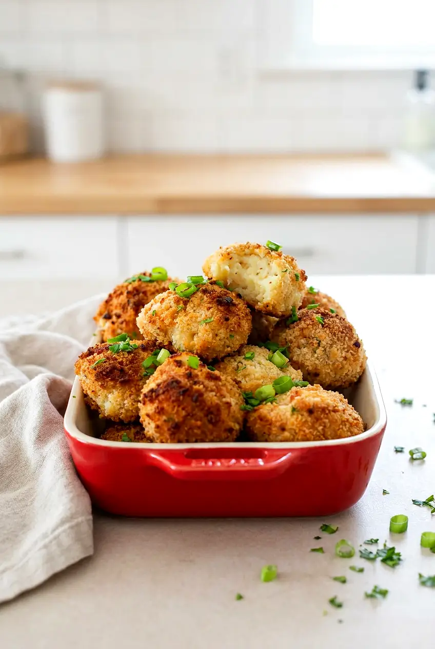 Air fryer mashed potato balls served in a red dish with a golden panko coating