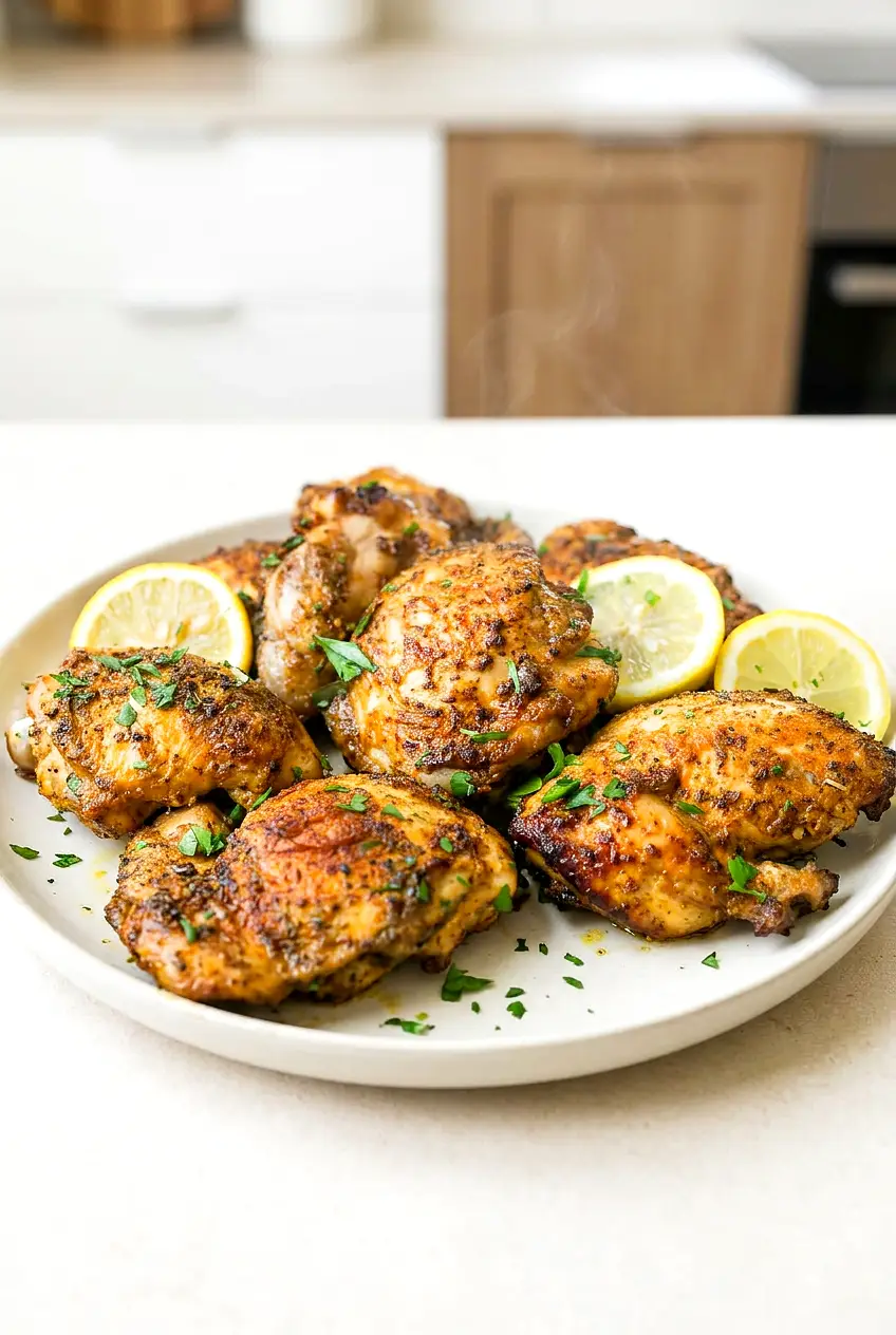 Air fryer Greek yogurt chicken thighs served on a plate with golden browned edges and a simple herb garnish
