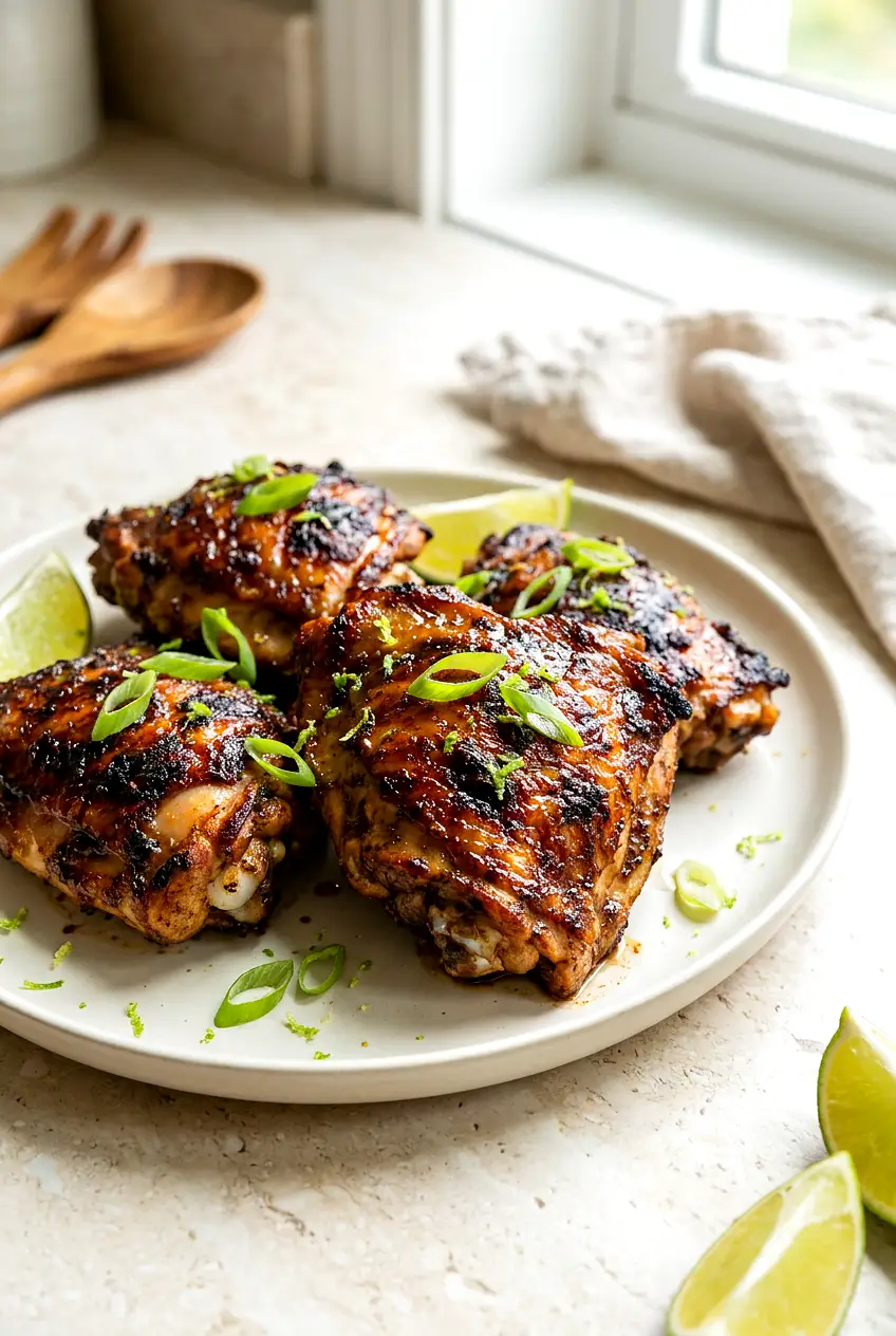 Air fryer Jamaican jerk chicken thighs served on a plate with browned skin and green onion garnish