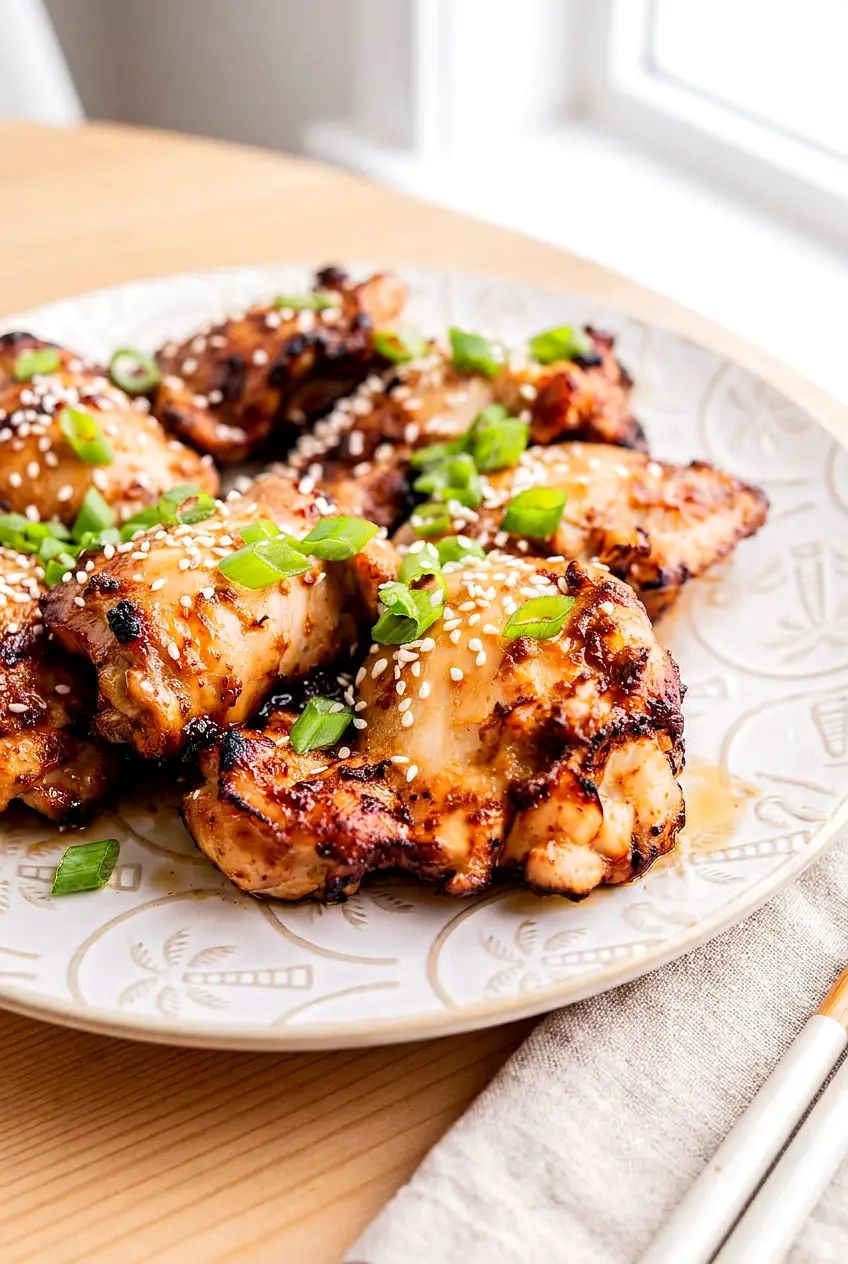 Air fryer miso chicken thighs plated with sesame seeds and chopped green onions on a patterned plate.