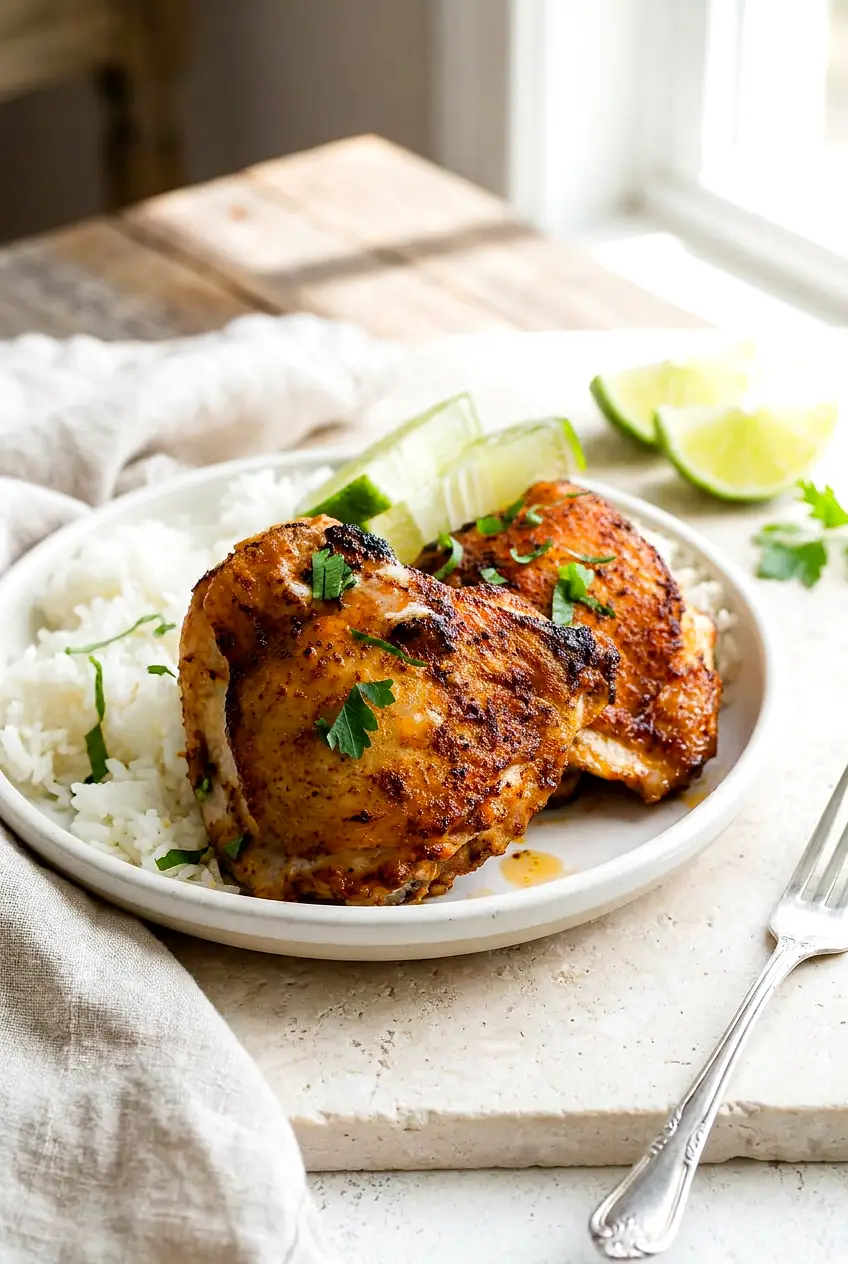 Air fryer cilantro lime chicken thighs served on a plate with rice and lime slices